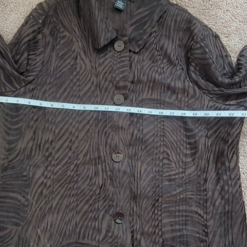Citiknits Pleated Blouse Semi Sheer Long Sleeve Button Front Brown Large - Picture 10 of 11